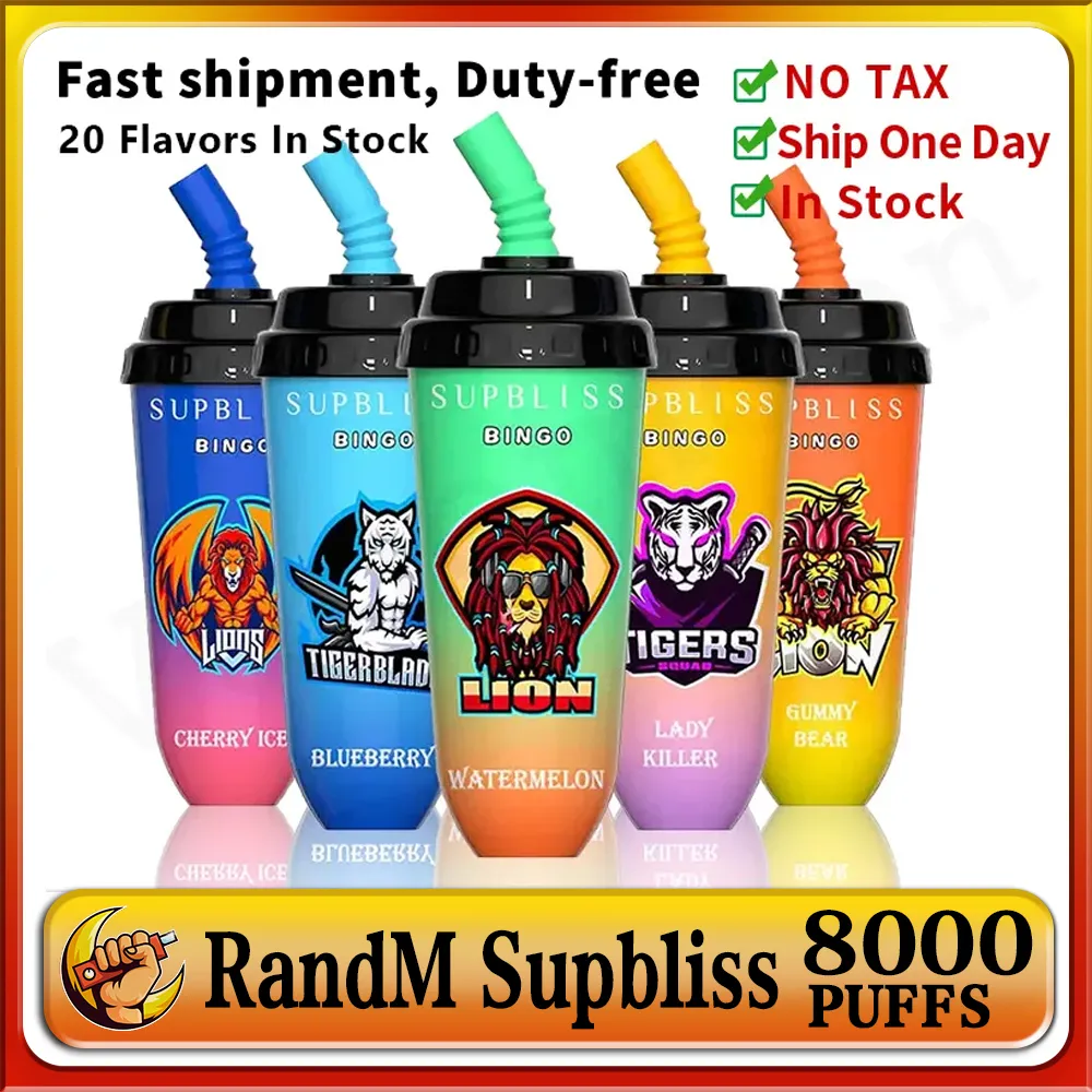 Original Randm Supbliss Bingo 8000 Puffs Vape desechable 650 mAh Batería recargable Tipo-C Taza de té con leche Bobina de malla E Cigarrillo 0% 2% 3% 5% Vaporizador VS Klux