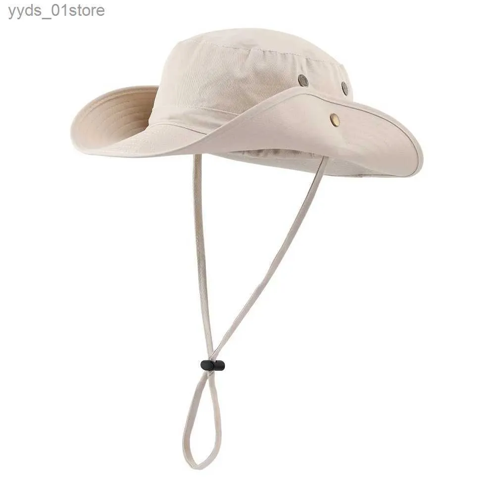 Breda randen hattar hink hattar connectyle mens kvinnor boonie sun hatt bred grim justerbar andningsbar bomullsafari hatt med str uv skydd utomhus cs l240308