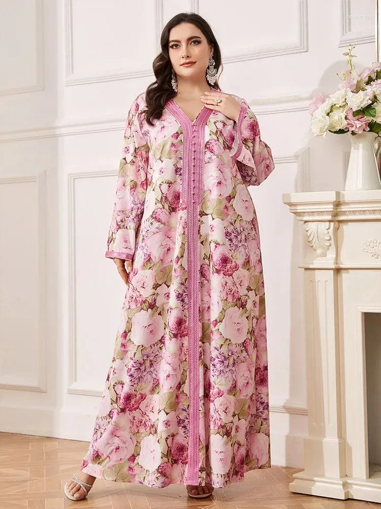 Этническая одежда с цветочным принтом Абая для мусульманских женщин Eid Party Свободное длинное платье макси Турция Дубай Кафтан Арабский халат Ислам Рамадан Femme