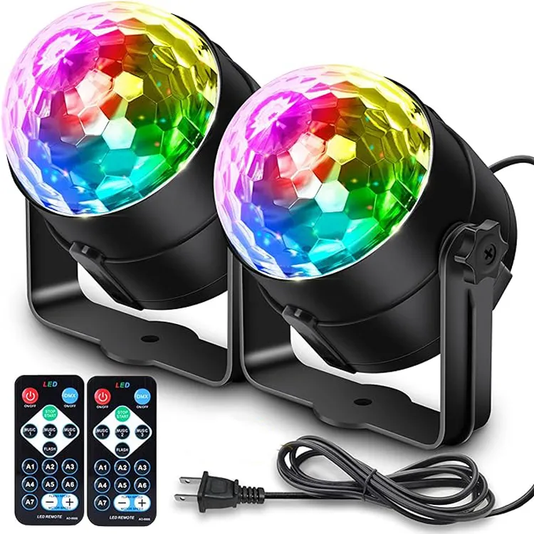 Paquet de 2 lumières de fête musicale activées par le son, lumières de boule disco avec télécommande, éclairage DJ, lampe stroboscopique de scène pour décorations d'anniversaire