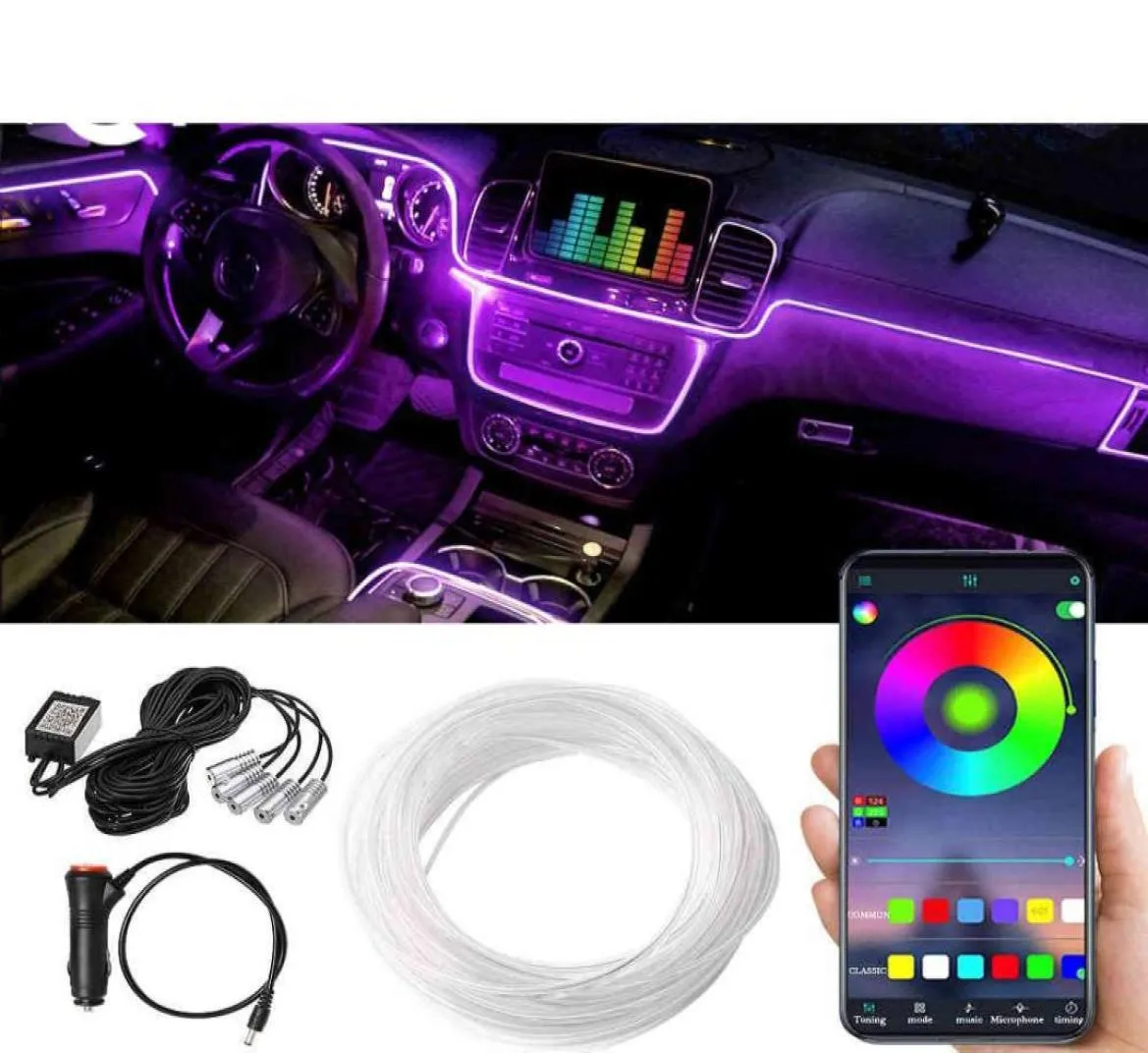 6 in 1 6M RGB LED auto-interieur omgevingslicht glasvezelstrips licht met app-bediening auto sfeer decoratieve lamp4071018