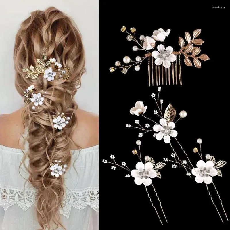 Haarclips Draag haarspelden Elegante Faux Pearl Flower zijkam Set voor bruiloft bruid gouden bladvormige legering tiaras