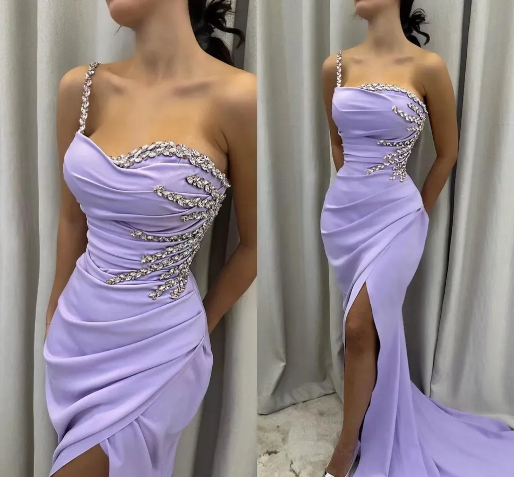 Lavanda Sexy Plus Size Sereia Vestidos de Baile Um Ombro Cristais Sem Mangas Alta Divisão Lateral Formal Ocns Desgaste Aniversário Celebridade Pageant Vestidos de Noite