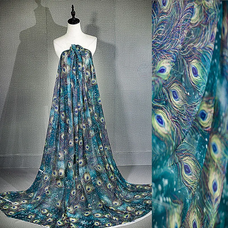 Kleider Pfauenfeder bedruckter Netzstoff Malachitblau Stretch-Tüll zum Nähen Performance-Kleid Damenbekleidung DIY Designerstoff
