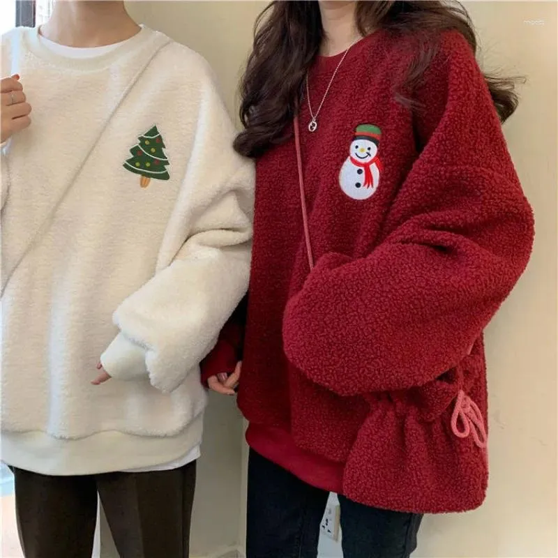 Felpe con cappuccio da donna DAYIFUN-O Collo con borsa a tracolla Lady Imitazione Agnello Velluto Cartoon Natale Ricamo Felpe Pullover Top Inverno