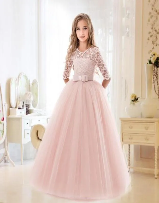 2019 nova adolescente princesa renda vestido sólido crianças flor bordado vestidos para meninas crianças baile de formatura usar vestido de baile vermelho by3103849