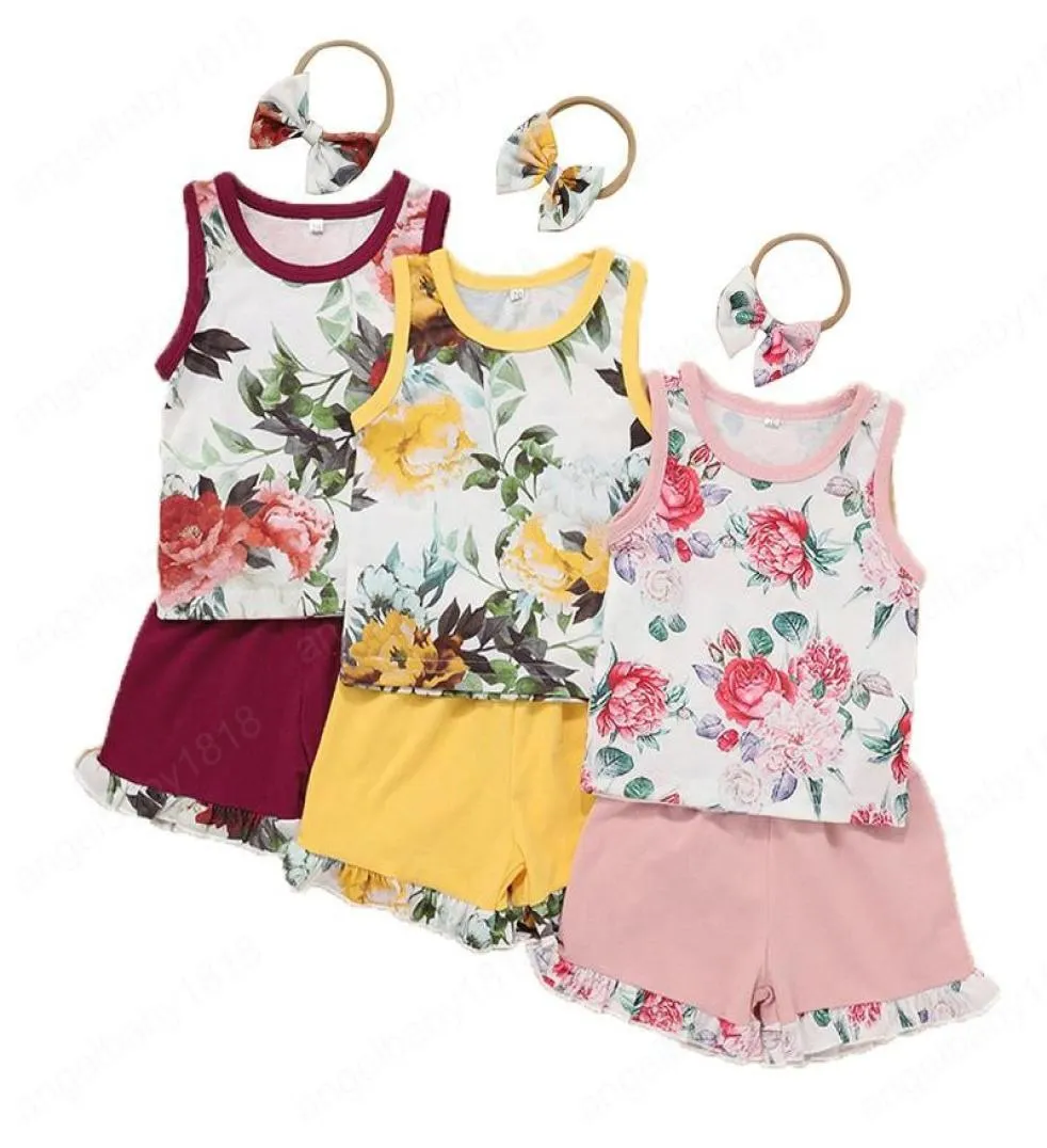 Шорты для маленьких девочек, жилет с цветочным принтом для малышей, топы с цветочным принтом, эластичные кружевные шорты, детская повседневная одежда с повязкой на голову1853953