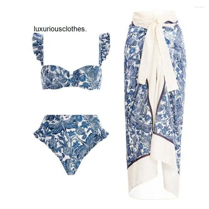 Dames Badmode Dames Badmode Designer 2024 Dames Sexy Blauw-wit Porselein Print Bikini Set Rok Cover Up Kanten Badpak Strandkleding Biquini zwemkleding