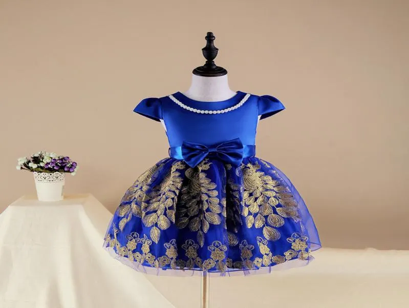 Royal Blue Red Curto Flor Menina Vestidos Baratos Em Estoque Princesa Ouro Pavão Rendas Apliques Cap Mangas Crianças Criança Aniversário Par3527942