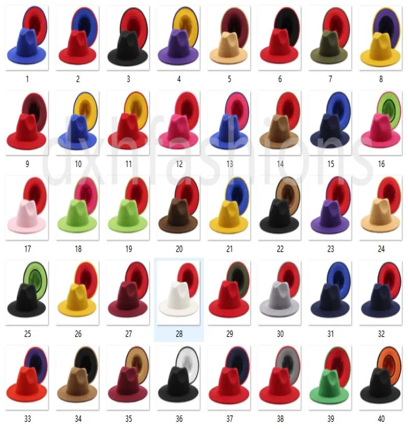Nyaste 40 färger högkvalitativa ins falska ullfilt fedora hatt 2 ton olika färgbrimkapslar för kvinnor men7279629