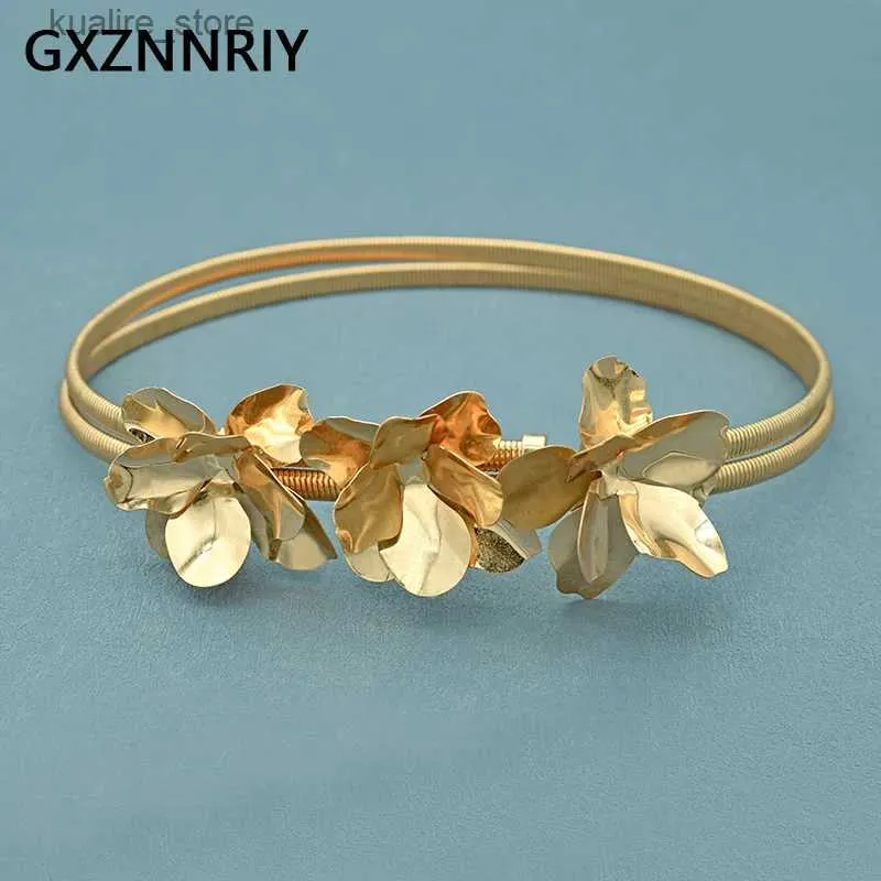 Belts Fashion Copper Flower Belts for Women Accessories Party Gold Color Elastic Metal Luxury Trendy Dress Rhinestone Belt Prom Gift L240308