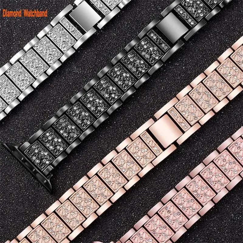 Полосы Watch Diamond Stainless Steel Band Smart Braps, совместимые с часовыми часовыми щетками для iwatch SE серии 8 7 6 5 4 3 2 1 Розовые черные 240308