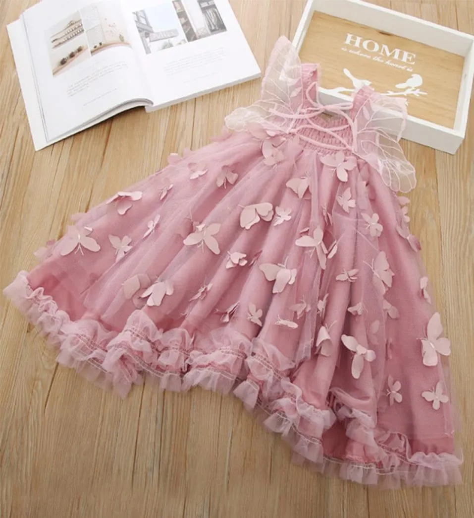 INS Sommer Mädchen Kleider Kinder Stereo Schmetterling Applikation Prinzessin Kleid Mädchen Spitze Gaze Stickerei Schmetterlingsflügel Party Kleider F5212190