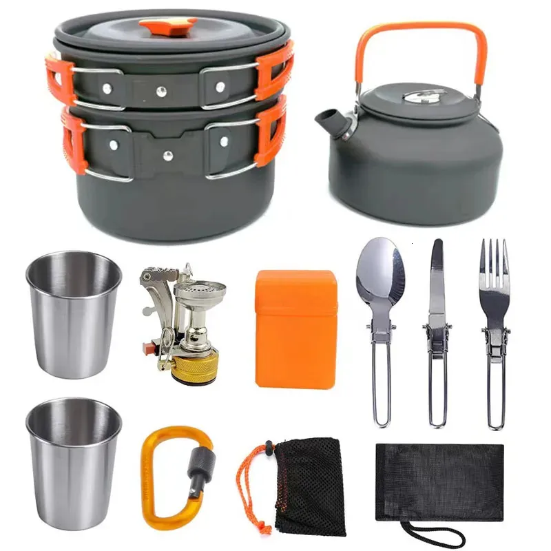 Camping Cooking Set Outdoor Aluminium Lightweight Equipment Cookware Kit för resande vandringsvandringar Y240223