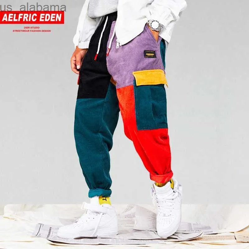 Men's Pants Men Corduroy Patchwork Pockets Cargo Pants 2018 Harem Joggers Harajuku Sweatpants Trousers 240308