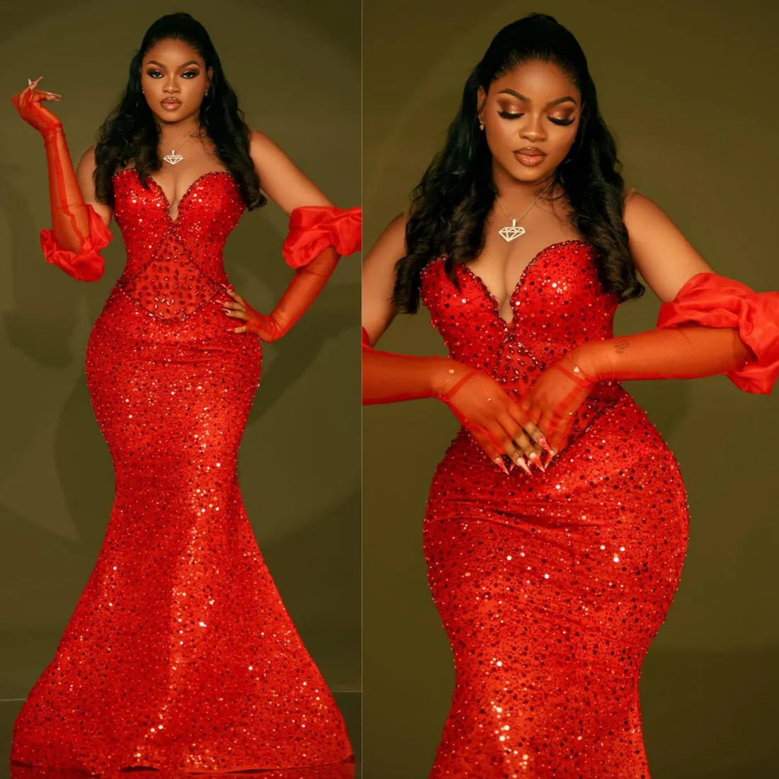 2024 African Aso Ebi prom jurken Mermaid Red Evening Jurns Lover Soundined Lace Pearls Sheer Neck Formal Dress voor Nigeria Black Women Birthday Party Jurken AM489