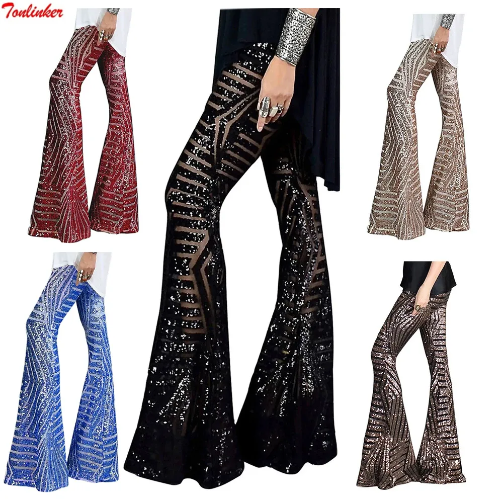 Capris Fashion Sequin Wide Leg Pants Black Apricot Brown Red Blue Korean Style Women Trousers High Waist Loose Mopping Long Pants