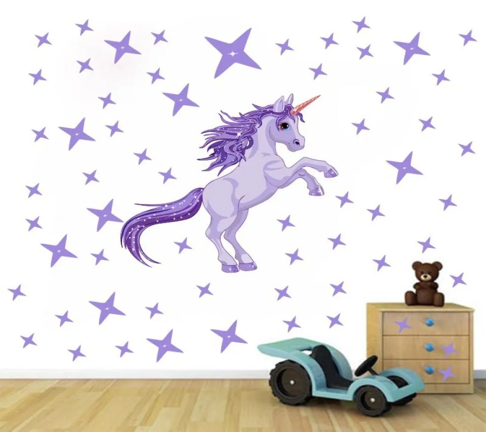 Decalcomania da muro per ragazze viola Camera della principessa Personalizzata Unicorn Art Sticker Camera da letto Nursery Decal Mural Stars Animal Mural3689580