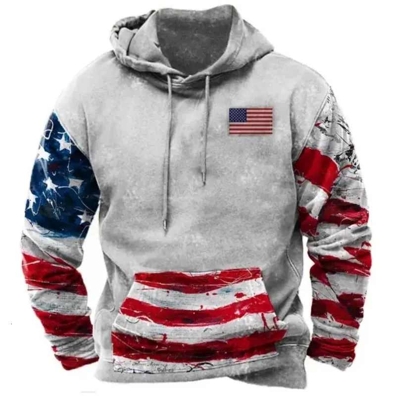 Vintage Mens Hoodie 3d American Flag Print Hoodies For Men Fashion Street Male Clothing Loose Oversized Long Sleeve Sweatshirts 240301