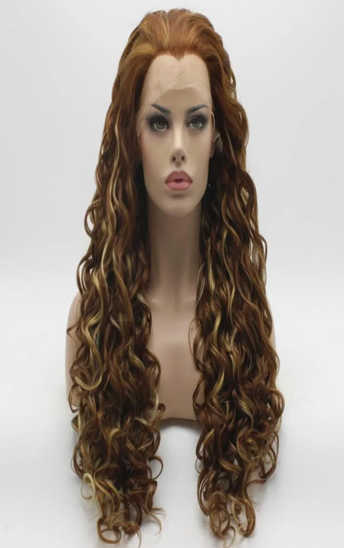 Iwona cabelo encaracolado longo três tons castanho-aloirado mix peruca 1830y27hy613 meia mão amarrada resistente ao calor renda sintética frontal diária na5472000