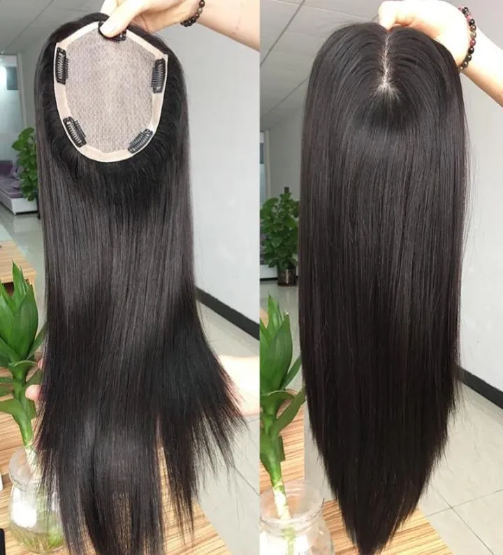 56 inch Slik Base Menselijk Haar Topper Natuurlijke Zwarte kleur Clip in Stukken Toupetje voor Vrouwen 120 dichtheid9248447