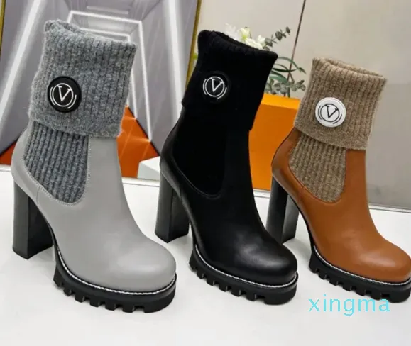 2024 Leather Ankle Boot Women Platform Desert Boots With Collar and Side Panels in Wool Fashion Sock Boot Treaded