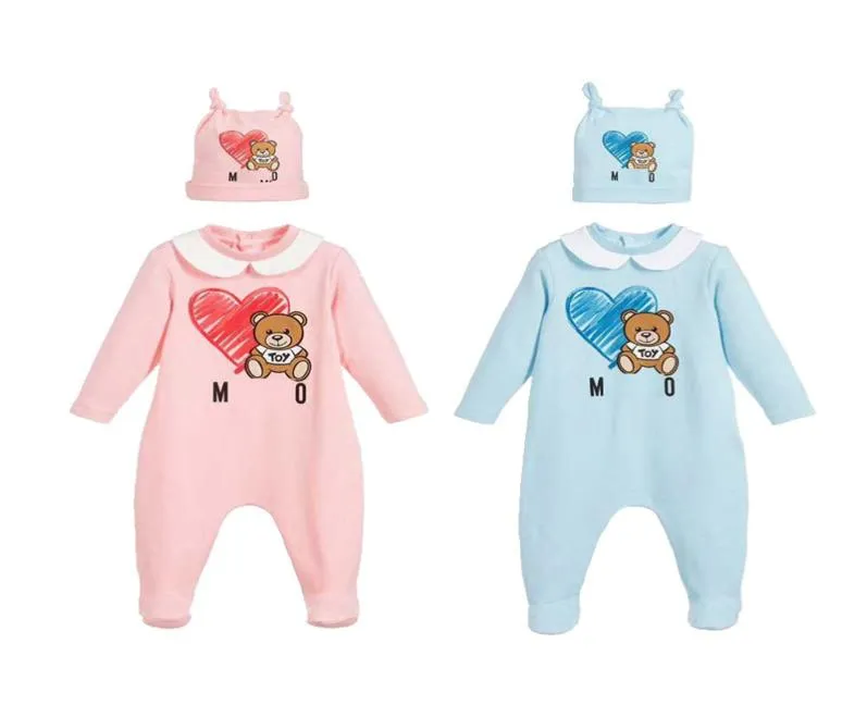 Nova chegada moda bebê recém-nascido roupas da menina manga longa algodão bonito dos desenhos animados urso recém-nascido bebê menino macacão e chapéu babadores sets3598853
