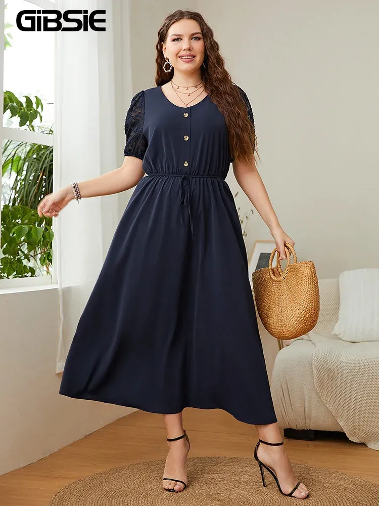 Dresses GIBSIE Plus Size Solid Button Front Lace Puff Sleeve Dress Women Elegant Knot High Waist Aline Casual Summer Long Dresses 2022