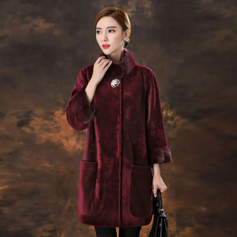 Slim e quente cordeiro corte pele para mulheres comprimento médio vison colar lã casaco 211090