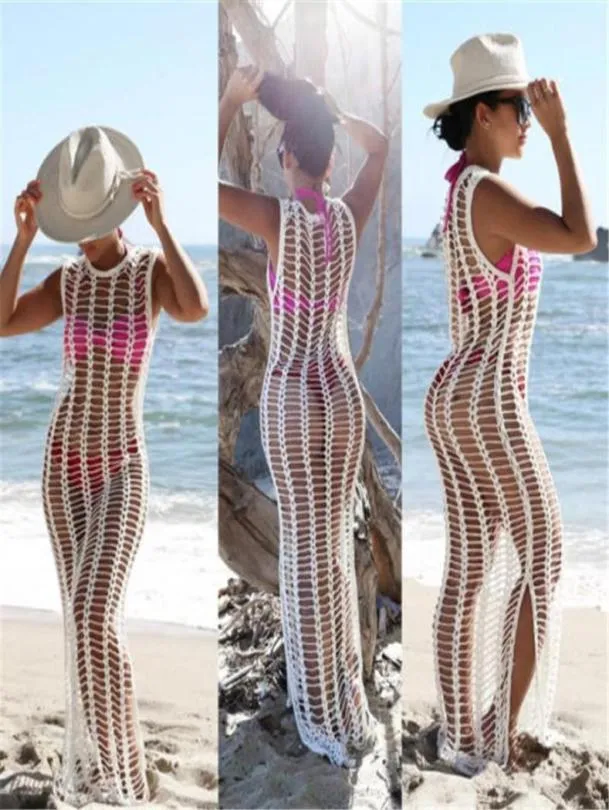 Sommer Strand Kleid Weiß Mesh Cover Up Frauen Häkeln Bikini Cover Ups Bademode Badeanzug Badeanzug Strandkleid7128681