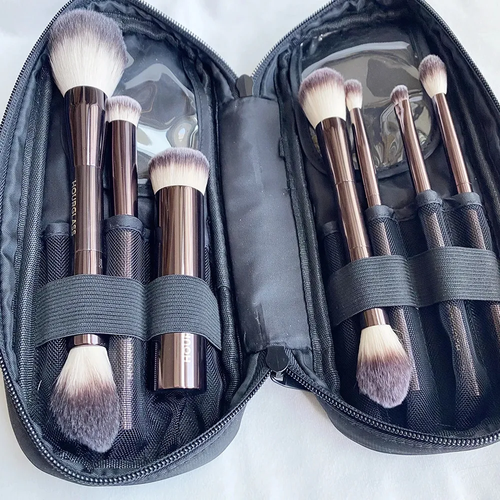 Hourglass Makeup Brushes Set Vegan Travel Set med en påse Syntetiskt hårmetallhandtag Deluxe Cosmetics Brush Kit 240301