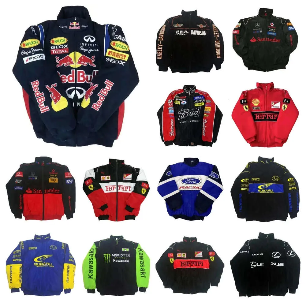 F1 Team Workwear Nouvelle veste rembourrée en coton de course entièrement brodée Logo de voiture Vestes de broderie complètes Vestes de moto rétro de style universitaire qs