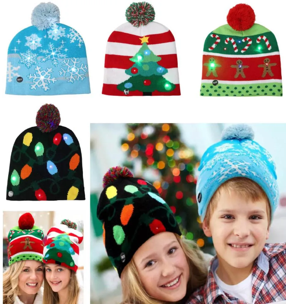 LED Christmas Hat Snowman Sticked Beanies Cap för snöflinga julgran Kvinnor barn Vuxen Varma hårboll Ljus upp Hiphop Hatts X9412411
