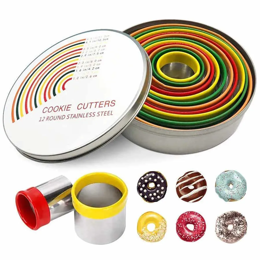 12 stks/set 304 Rvs Cookie Biscuit Cutter-Set, ronde Gebak Donut Donut Cutter Mold Ringen Set Bakken Tools