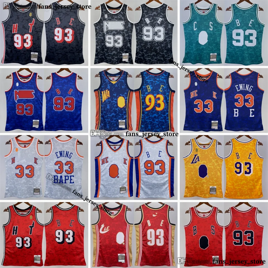 Wydrukowane klasyczne vintage 1993 Basketball #93 B A P E Jersey Retro White 1991-92 Blue #33 Patrick Ewing Yellow Purple Red Green Black Jerseys Kreski