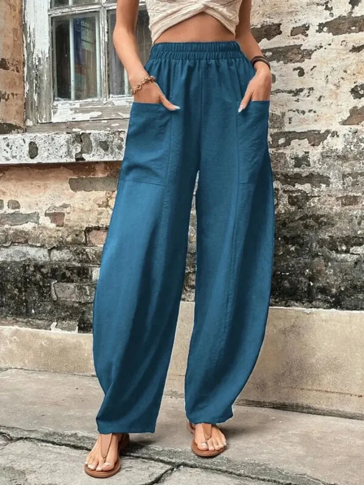 Capris Kadınlar Uzun Pantolon Günlük Moda Bahar Yaz Düz Renk Cep Elastik Bel Büyük Boy Gevşek Pantolon Kadın