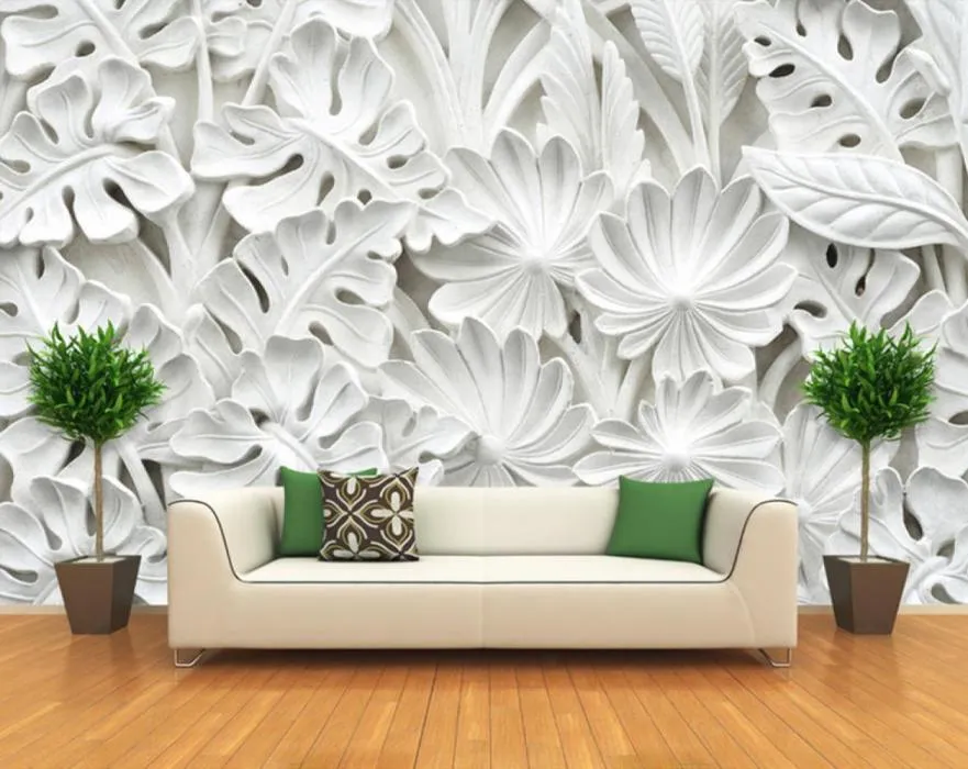 Dropship 3D Stereoskopiskt bladmönster Gips Relief Mural Wall Paper Living Room TV Bakgrund Väggmålning TAPPER Hem Dekor7675874