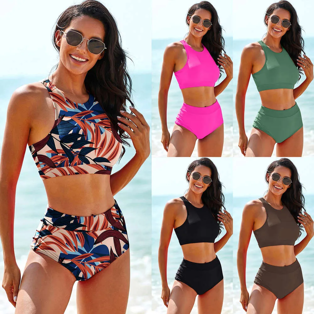 2024 New Solid Color Printed Split High Waist Tank Top Sports Conservative Swimwear