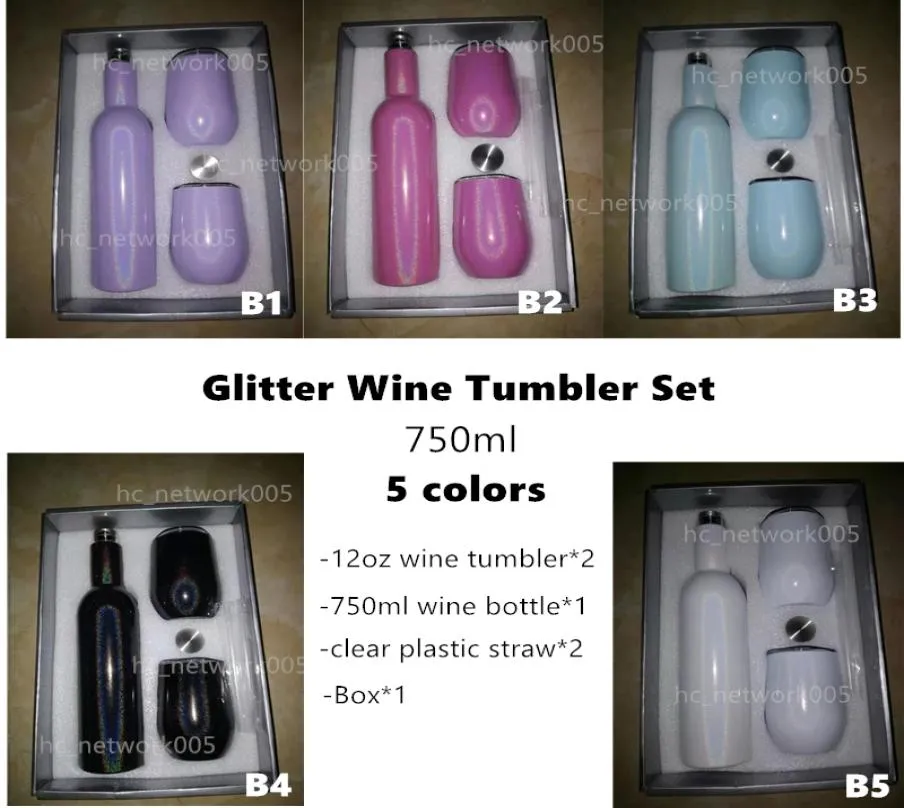 750 ml Sublimacja Glitter Wine Set Set Butelki wina ze stali nierdzewnej z dwoma 12 uncji wina Tubllers Pudowie Zestaw Sea SHI5681521