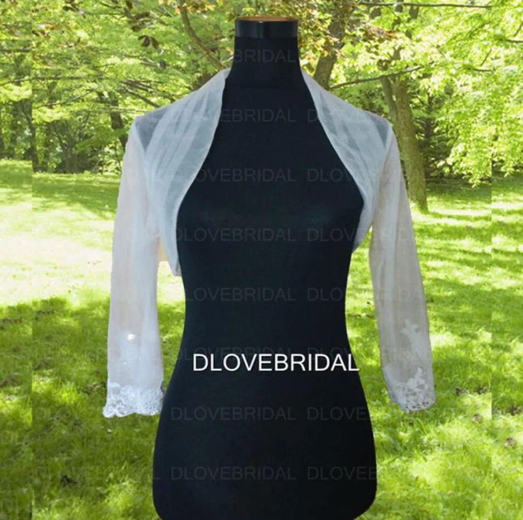 Real Po Chaqueta nupcial de manga larga de alta calidad con apliques de encaje vestido de fiesta de boda de tul envuelve Simple elegante Bolero fábrica Cus5036891