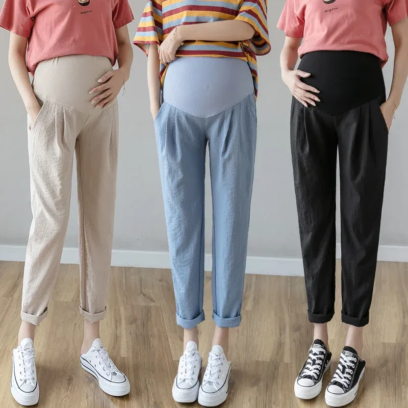 Capris Spring autumn Maternity Cotton Linen Pants Pregnancy home Casual Straight Loose Belly Pants Clothes for Pregnant Women Trousers