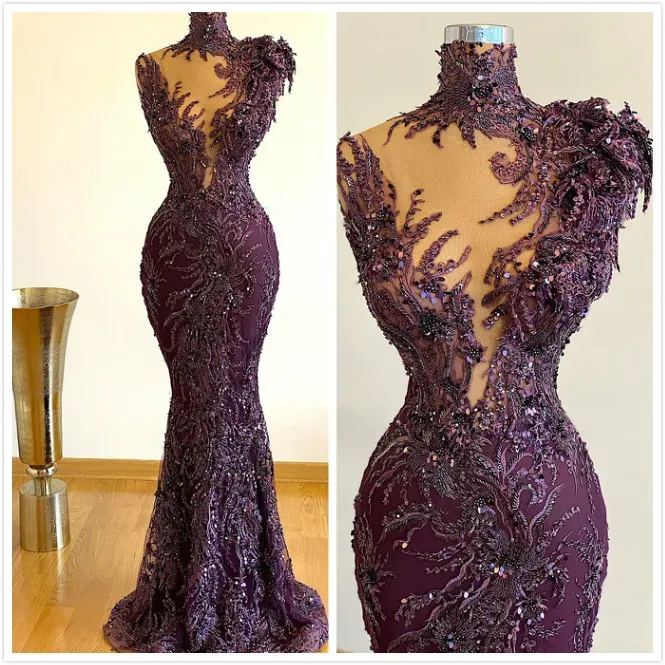 Aso Ebi Árabe Roxo Luxuoso Sereia Noite Frisado Renda Vestidos de Baile Alta Pescoço Formal Festa Segunda Recepção Vestidos Zj553