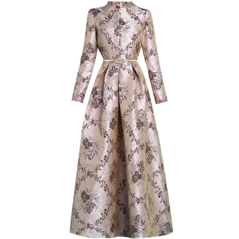 Robe 2020 Vintage printemps Jacquard imprimé robe longue col Mandarin cheville longueur robe de bal fête Maxi robe Runway1211