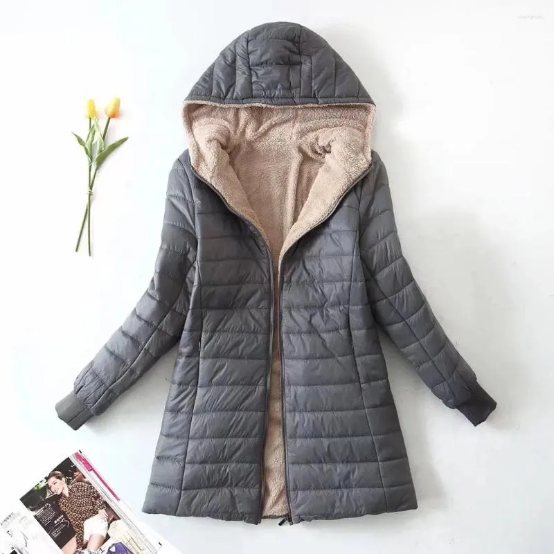 Trench da donna Giacca invernale in cotone di media lunghezza con cappuccio da donna Fodera leggera in peluche Solid Parka da donna allentato Cerniera femminile Tenere al caldo