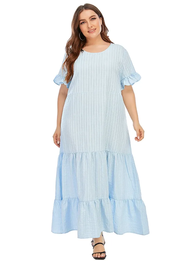 Dresses Plus Size Summer Dresses for Curvy Woman 2023 Short Sleeve See Through Striped Ruffles Dress Loose Maxi Long Casual Dresses