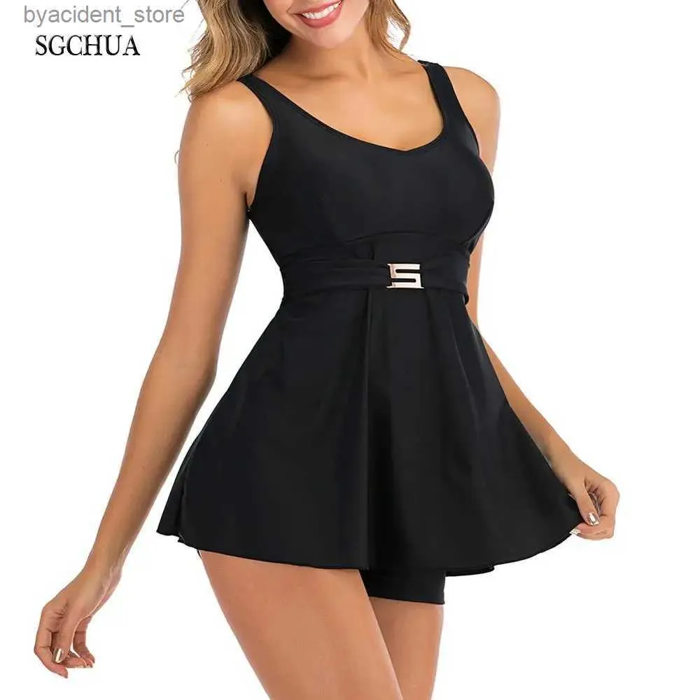 Women's Swimwear SGCHUA 2020 New Solid Black 5XL Tankini with Golden S Belt Plus Size XXXL Two Piece Swimsuit Women Beach Boxer Swimwear for Fat L240308