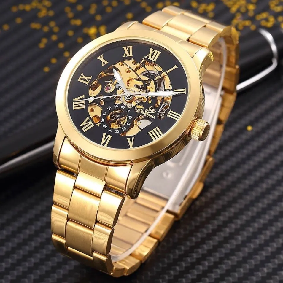 Shenhua Golden Skeleton Automatic Automatic Mechanical Watch Men Fashion Waterproof Clock Clock Watch Watch Men Men Hotes Y19062245E