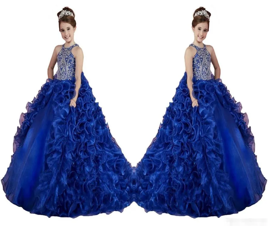 Luxo azul real meninas pageant vestidos babados contas de cristal princesa dança vestidos de baile crianças festa para casamento flor menina 1249256