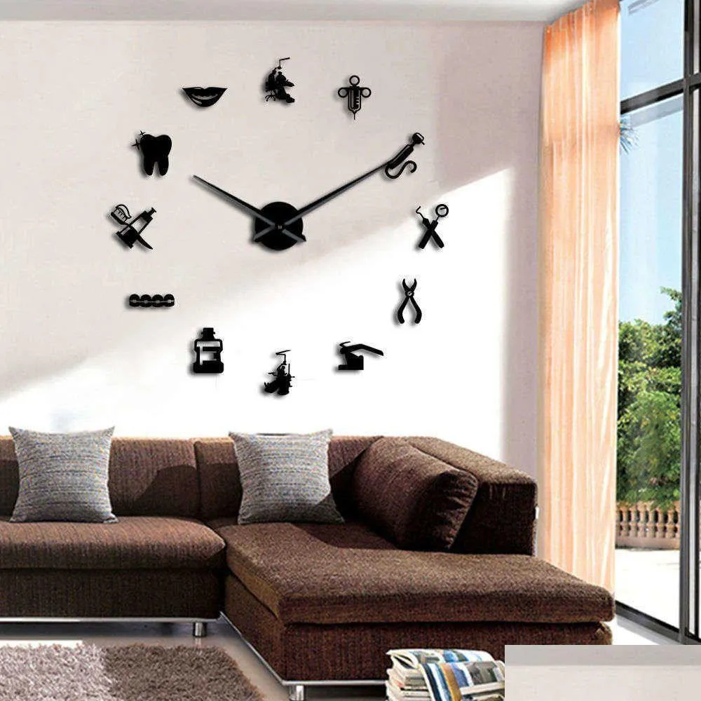 Horloges murales Dentiste Clinique Bussiness Signe Décoratif Grande Horloge Murale 3D Dentiste Médecin Instrument DIY Grand Bureau Décor 210930 Drop Del Dh1Sb