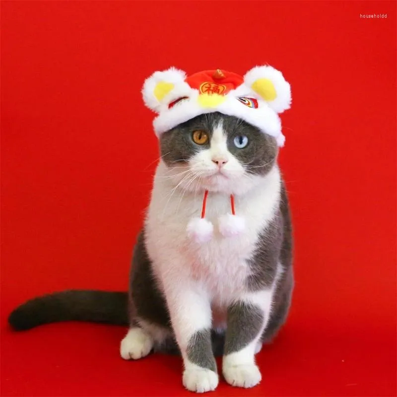 Costumi per gatti Festivo Pet Lion Hat Tracolla regolabile Berretto per cani Cucciolo Costume cinese Inverno caldo Gattino Po Cosplay Copricapo